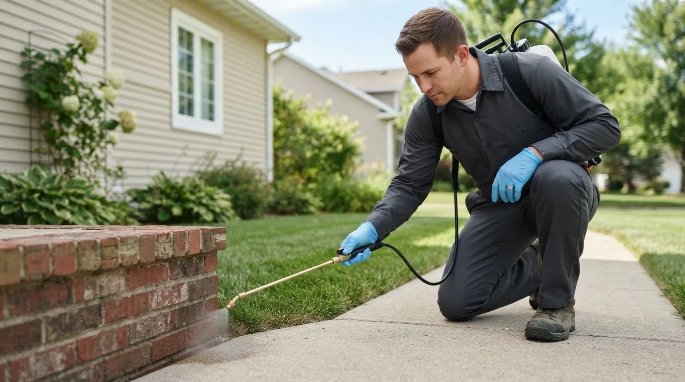 Pest control technician treating a home near Bettles Field, AK